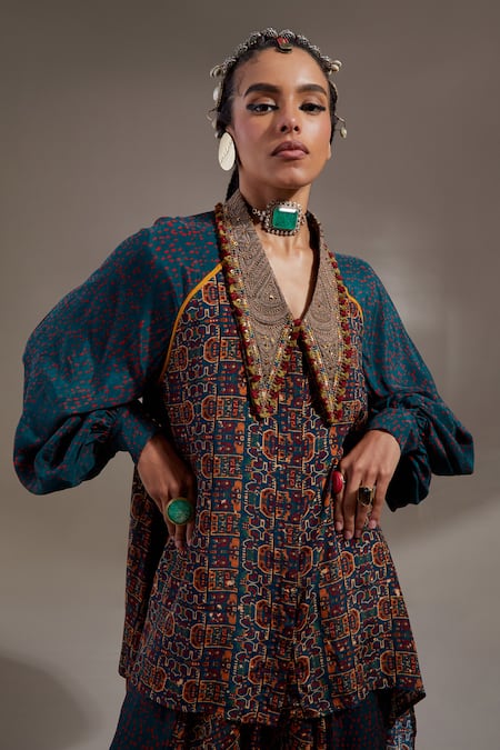 Aseem Kapoor Teal Crepe Embroidery, Beads, Sequins V-neck Atri Straight Shirt 