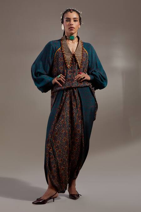 Buy Aseem Kapoor Teal Crepe Embroidery, Beads, Sequins V-neck Atri Straight Shirt Buy_Aseem Kapoor_Teal Crepe Embroidery, Beads, Sequins V-neck Atri Straight Shirt