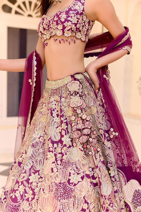 Buy_Osaa By Adarsh_Purple Silk Embroidery, Zari, Beads Sweetheart Neck Dark Plum Lehenga Set _Online_at_Aza_Fashions