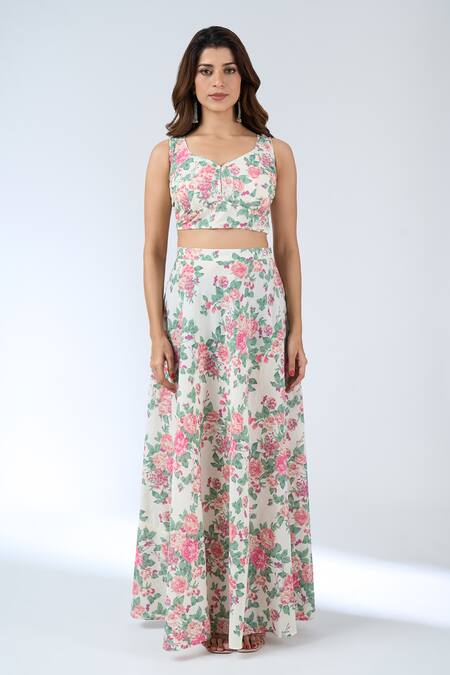 Shop_Samyukta Singhania_White Leaf Neck Floral Print Lehenga Set _Online_at_Aza_Fashions