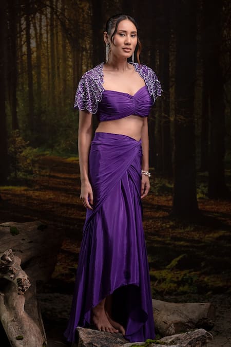 Harshita Jain Purple Crepe, Chinon Beads Sweetheart Embroidered Bralette With Draped Skirt 