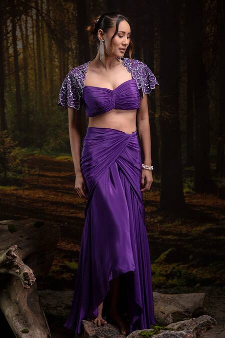 Harshita Jain_Purple Crepe, Chinon Beads Sweetheart Embroidered Bralette With Draped Skirt _Online_at_Aza_Fashions