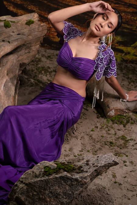 Harshita Jain_Purple Crepe, Chinon Beads Sweetheart Embroidered Bralette With Draped Skirt _at_Aza_Fashions