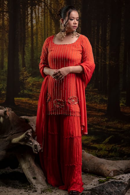 Harshita Jain Orange Chinon, Chiffon Sequins, Beads, Embroidery Square Neck Stripe Kurta Set