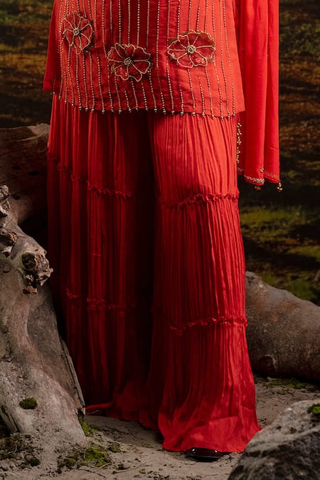 Harshita Jain_Orange Chinon, Chiffon Sequins, Beads, Embroidery Square Neck Stripe Kurta Set _Online_at_Aza_Fashions