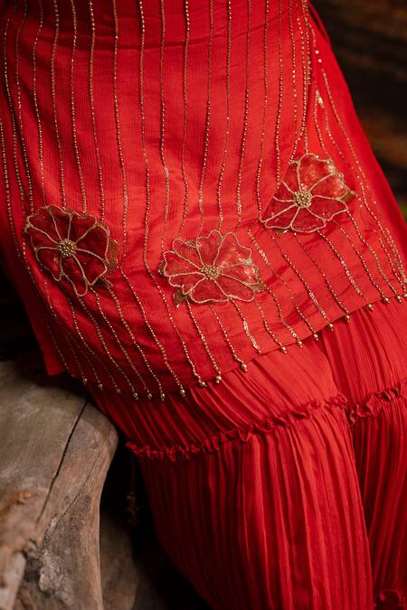 Buy_Harshita Jain_Orange Chinon, Chiffon Sequins, Beads, Embroidery Square Neck Stripe Kurta Set _Online_at_Aza_Fashions