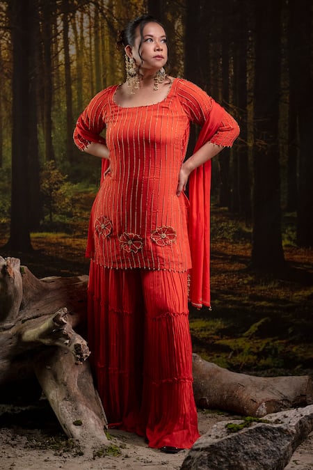 Shop_Harshita Jain_Orange Chinon, Chiffon Sequins, Beads, Embroidery Square Neck Stripe Kurta Set _Online_at_Aza_Fashions
