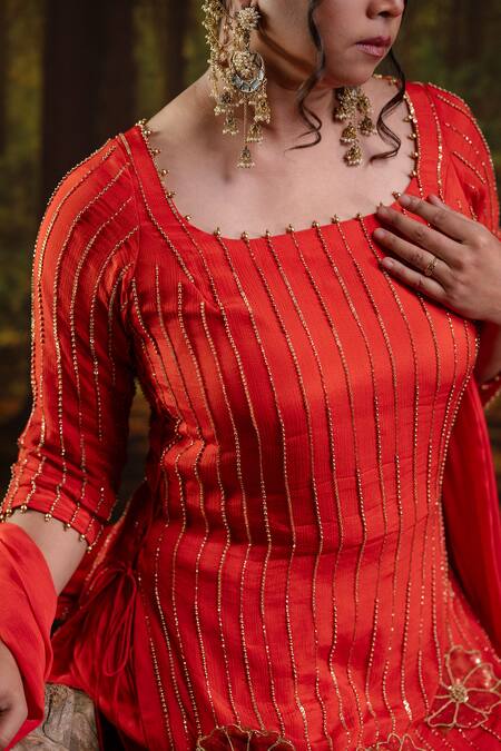 Harshita Jain_Orange Chinon, Chiffon Sequins, Beads, Embroidery Square Neck Stripe Kurta Set _at_Aza_Fashions
