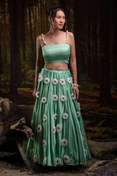 Harshita Jain_Mint Pearls, Embroidery, Fabric Flowers Square 3d Floral Blouse With Lehenga _Online_at_Aza_Fashions