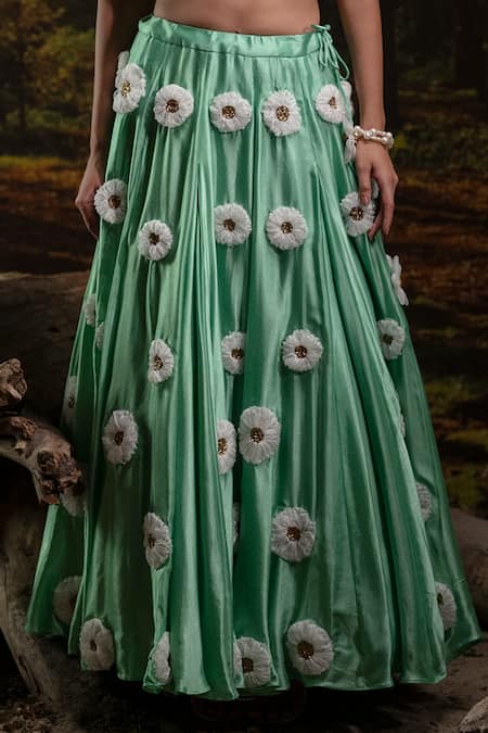 Buy_Harshita Jain_Mint Pearls, Embroidery, Fabric Flowers Square 3d Floral Blouse With Lehenga _Online_at_Aza_Fashions