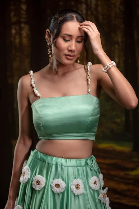 Shop_Harshita Jain_Mint Pearls, Embroidery, Fabric Flowers Square 3d Floral Blouse With Lehenga _Online_at_Aza_Fashions