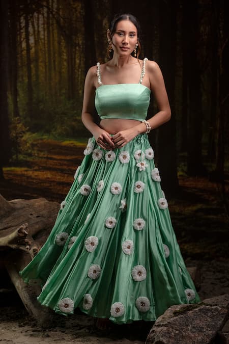 Harshita Jain Mint Pearls, Embroidery, Fabric Flowers Square 3d Floral Blouse With Lehenga 