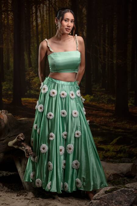 Harshita Jain_Mint Pearls, Embroidery, Fabric Flowers Square 3d Floral Blouse With Lehenga _at_Aza_Fashions