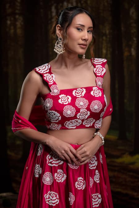 Shop_Harshita Jain_Fuchsia Embroidery, Tassels Square Neck Hand Lehenga Set _Online_at_Aza_Fashions