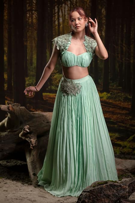 Harshita Jain Mint Chinon, Chiffon Embroidery, Applique 3d Floral Blouse With Skirt 