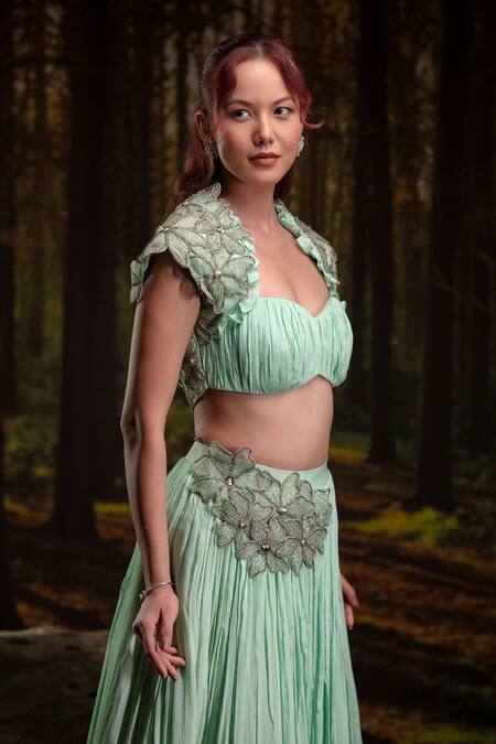 Harshita Jain_Mint Chinon, Chiffon Embroidery, Applique 3d Floral Blouse With Skirt _Online_at_Aza_Fashions