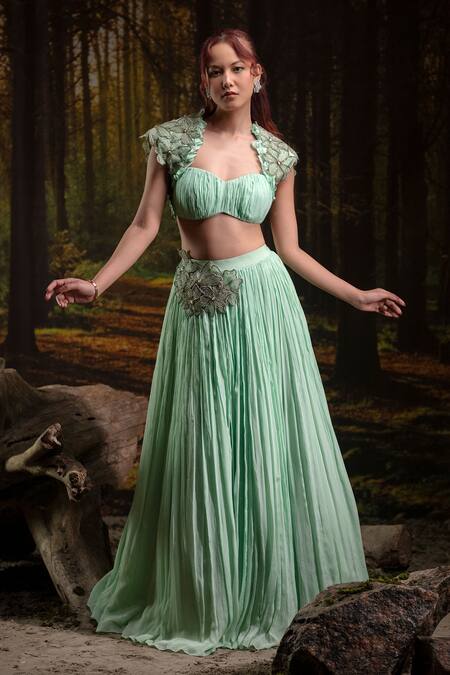 Buy_Harshita Jain_Mint Chinon, Chiffon Embroidery, Applique 3d Floral Blouse With Skirt _Online_at_Aza_Fashions
