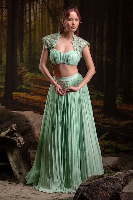 Shop_Harshita Jain_Mint Chinon, Chiffon Embroidery, Applique 3d Floral Blouse With Skirt _Online_at_Aza_Fashions