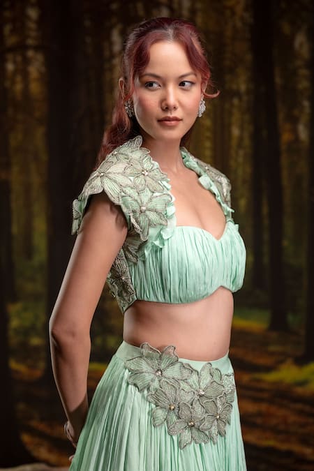 Harshita Jain_Mint Chinon, Chiffon Embroidery, Applique 3d Floral Blouse With Skirt _at_Aza_Fashions