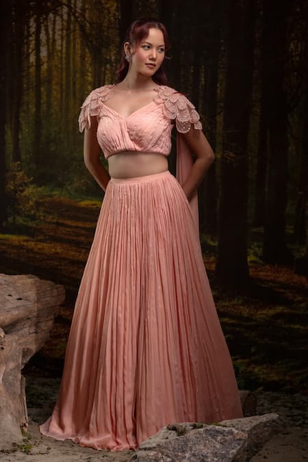 Harshita Jain_Peach Chinon, Chiffon Embroidery, Beads 3d Floral Lehenga With Blouse _Online_at_Aza_Fashions
