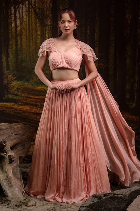 Harshita Jain Peach Chinon, Chiffon Embroidery, Beads 3d Floral Lehenga With Blouse 