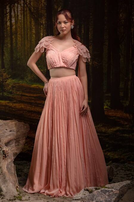 Buy_Harshita Jain_Peach Chinon, Chiffon Embroidery, Beads 3d Floral Lehenga With Blouse _Online_at_Aza_Fashions