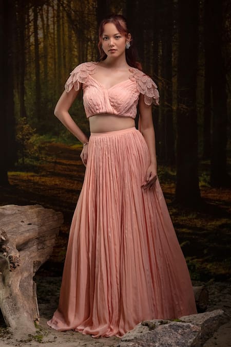 Shop_Harshita Jain_Peach Chinon, Chiffon Embroidery, Beads 3d Floral Lehenga With Blouse _Online_at_Aza_Fashions