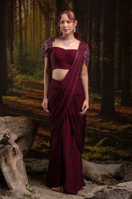 Shop_Harshita Jain_Wine Chinon, Chiffon Embroidery, Beads Pleated Pre-draped Saree With 3d Blouse _Online_at_Aza_Fashions