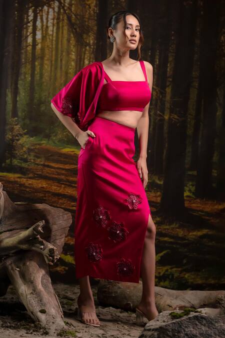 Shop_Harshita Jain_Fuchsia Gabardine Embroidery, Stones Open Neck, Square Border Cape Skirt Set _Online_at_Aza_Fashions
