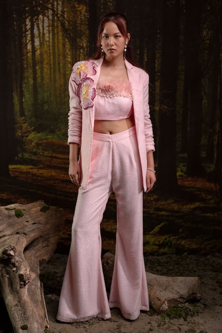 Harshita Jain Pink Crepe Fabric Flowers, Beads, Sequins, 3d Floral Embroidered Blazer Set 