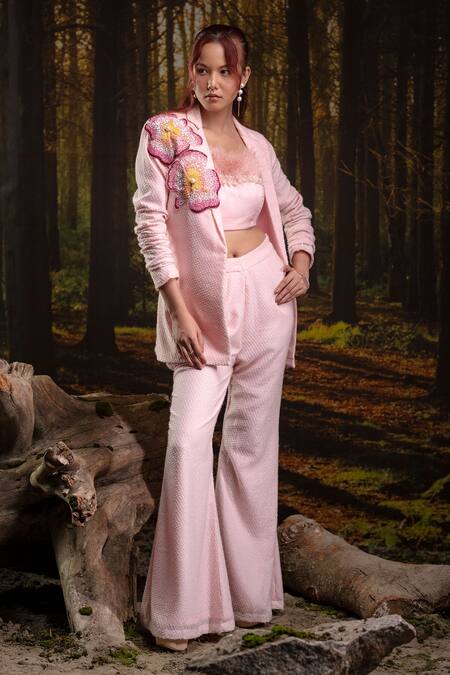 Shop_Harshita Jain_Pink Crepe Fabric Flowers, Beads, Sequins, 3d Floral Embroidered Blazer Set _Online_at_Aza_Fashions