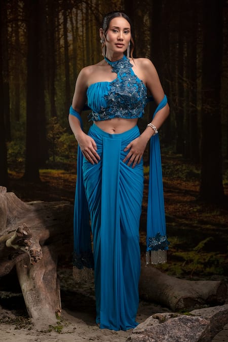 Buy_Harshita Jain_Blue Lycra, Net Embroidery, Beads, Tassels Halter Neck Bustier Skirt Set _Online_at_Aza_Fashions