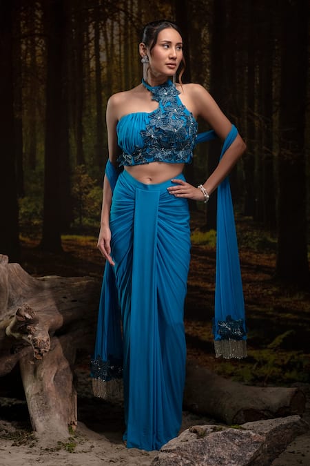 Shop_Harshita Jain_Blue Lycra, Net Embroidery, Beads, Tassels Halter Neck Bustier Skirt Set _Online_at_Aza_Fashions