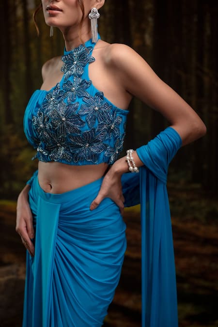 Harshita Jain_Blue Lycra, Net Embroidery, Beads, Tassels Halter Neck Bustier Skirt Set _at_Aza_Fashions