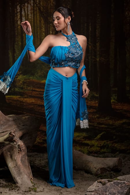 Buy_Harshita Jain_Blue Lycra, Net Embroidery, Beads, Tassels Halter Neck Bustier Skirt Set 