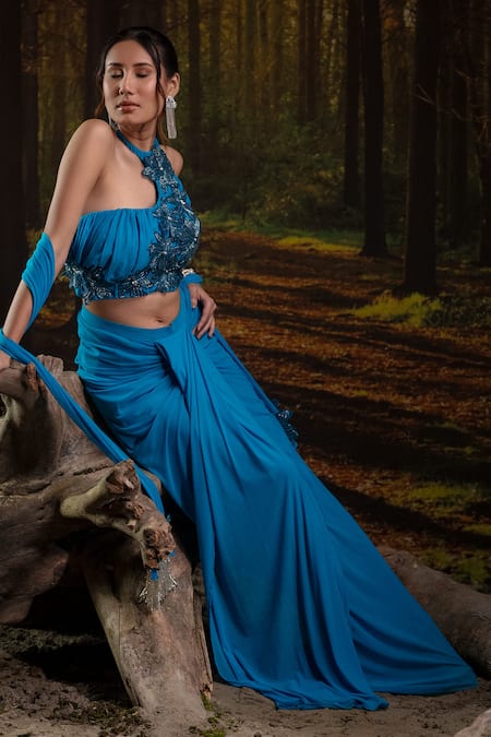 Shop_Harshita Jain_Blue Lycra, Net Embroidery, Beads, Tassels Halter Neck Bustier Skirt Set 