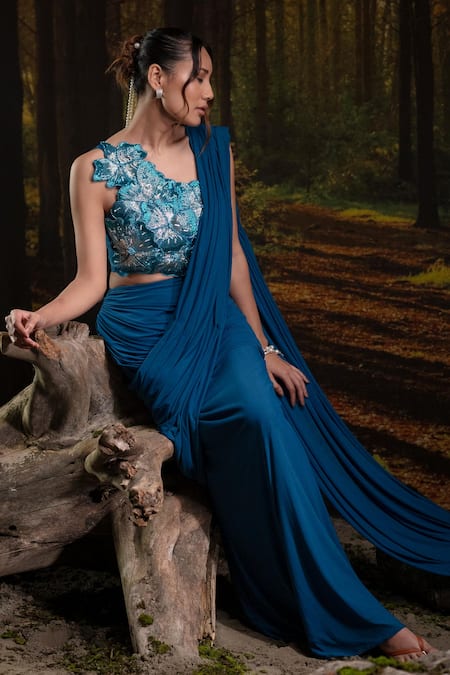 Harshita Jain_Cobalt Lycra, Net Embroidery, Beads Pleated Pre-draped Saree With Blouse _Online_at_Aza_Fashions