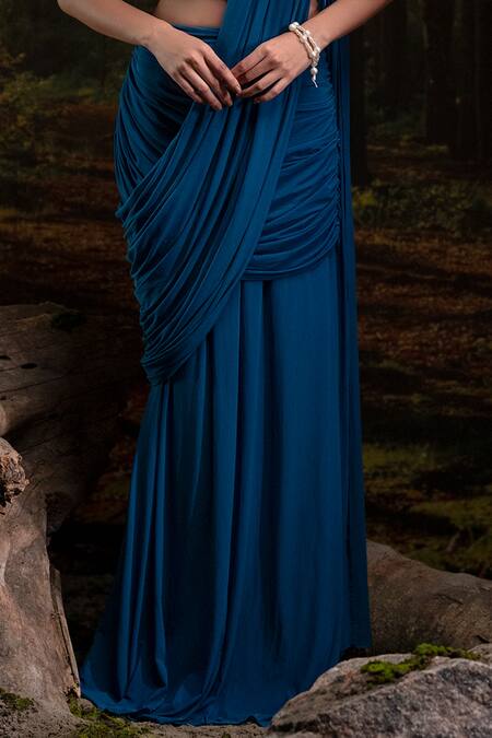 Buy_Harshita Jain_Cobalt Lycra, Net Embroidery, Beads Pleated Pre-draped Saree With Blouse _Online_at_Aza_Fashions