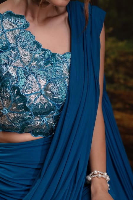 Shop_Harshita Jain_Cobalt Lycra, Net Embroidery, Beads Pleated Pre-draped Saree With Blouse _Online_at_Aza_Fashions
