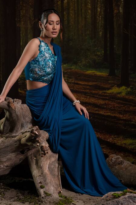 Harshita Jain_Cobalt Lycra, Net Embroidery, Beads Pleated Pre-draped Saree With Blouse _at_Aza_Fashions