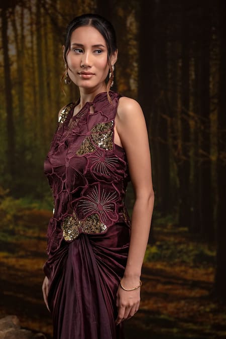 Harshita Jain_Purple Sequins, Embroidery Round Neck Top Skirt Set _Online_at_Aza_Fashions