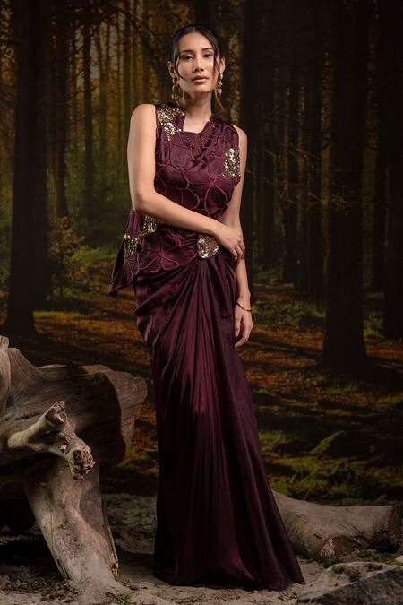 Buy_Harshita Jain_Purple Sequins, Embroidery Round Neck Top Skirt Set _Online_at_Aza_Fashions