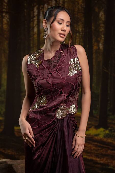 Shop_Harshita Jain_Purple Sequins, Embroidery Round Neck Top Skirt Set _Online_at_Aza_Fashions