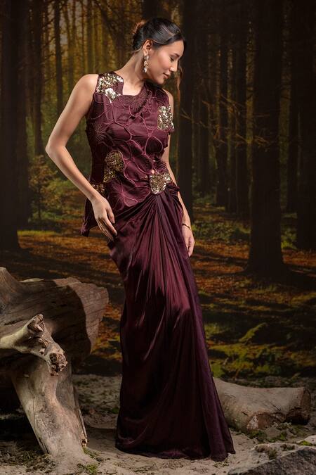 Buy_Harshita Jain_Purple Sequins, Embroidery Round Neck Top Skirt Set 