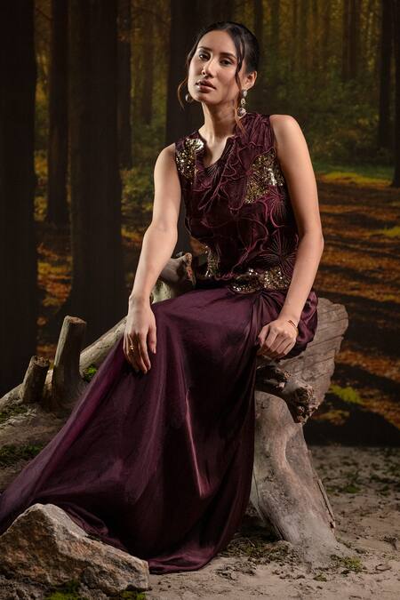 Shop_Harshita Jain_Purple Sequins, Embroidery Round Neck Top Skirt Set 