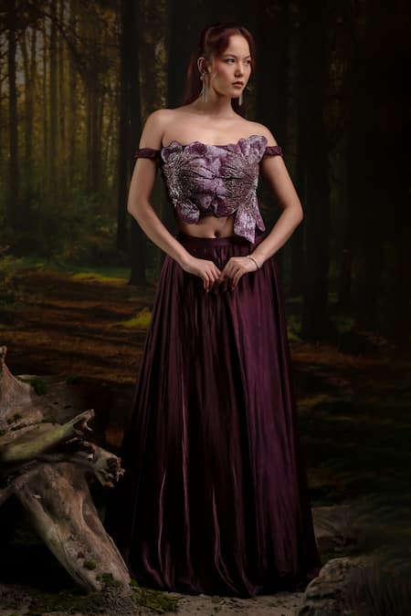 Buy_Harshita Jain_Purple Embroidery, Beads Off-shoulder 3d Floral Hand Blouse With Lehenga _Online_at_Aza_Fashions