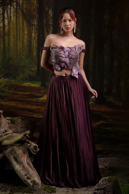 Shop_Harshita Jain_Purple Embroidery, Beads Off-shoulder 3d Floral Hand Blouse With Lehenga _Online_at_Aza_Fashions