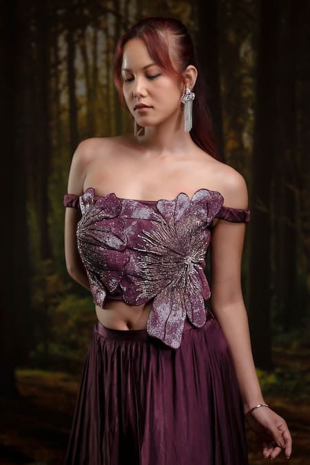 Harshita Jain_Purple Embroidery, Beads Off-shoulder 3d Floral Hand Blouse With Lehenga _at_Aza_Fashions