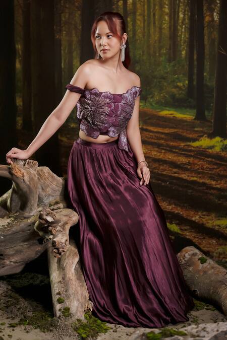 Buy_Harshita Jain_Purple Embroidery, Beads Off-shoulder 3d Floral Hand Blouse With Lehenga 