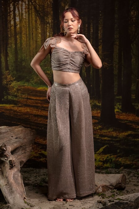 Harshita Jain_Gold Organza Embroidery Sweetheart Neck Bustier With Pant _Online_at_Aza_Fashions